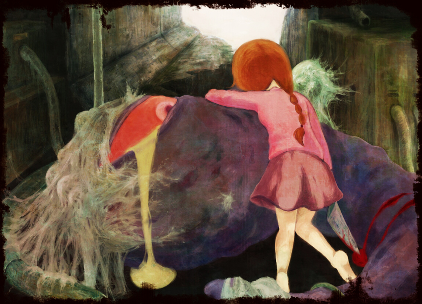 1girl amamidori bad_id bad_pixiv_id barefoot blood braid death kasei-san knife madotsuki pink_shirt sewer shirt skirt sweater yume_nikki