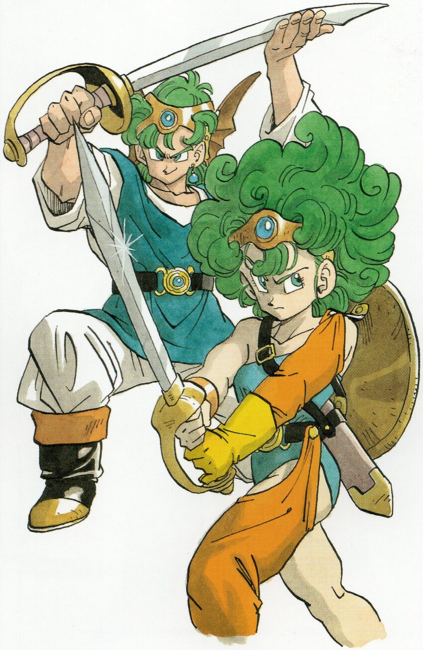 1boy 1girl ankle_boots aqua_leotard aqua_tunic arm_warmers belt black_belt black_footwear boots closed_mouth collarbone commentary cropped_legs curly_hair dagger diadem dragon_quest dragon_quest_iv earrings eyelashes fighting_stance fingernails fins frown glint gloves green_eyes green_hair grin hair_between_eyes head_fins hero_(dq4) heroine_(dq4) highres holding holding_dagger holding_knife holding_sword holding_weapon jewelry knife leg_warmers leotard long_sleeves medium_hair official_art orange_leg_warmers outstretched_arms pants raised_eyebrow scabbard sheath shield shirt short_hair sideways_glance simple_background single_arm_warmer single_bare_arm single_bare_leg single_bare_shoulder single_glove single_leg_warmer smile sword toned toriyama_akira tunic weapon white_background white_pants white_shirt yellow_gloves
