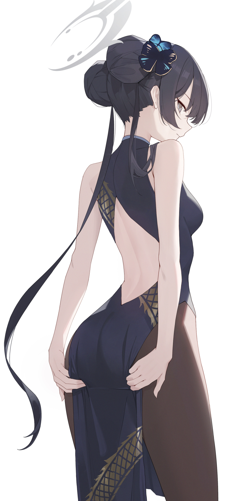 1girl absurdres ass back back_cutout bare_shoulders black_dress black_hair black_pantyhose blue_archive breasts butterfly_hair_ornament china_dress chinese_clothes clothing_cutout commentary double_bun dragon_print dress gold_trim grey_eyes hair_bun hair_ornament halo highres kisaki_(blue_archive) long_hair looking_at_viewer looking_back pantyhose pelvic_curtain short_dress side_slit small_breasts solo sukaliya thighs twintails