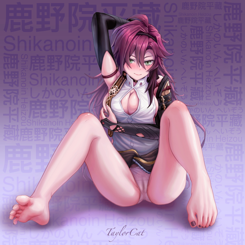 1girl absurdres artist_name bare_legs barefoot black_gloves black_nails blush breasts cameltoe character_name cleavage feet fingerless_gloves full_body genderswap genderswap_(mtf) genshin_impact gloves green_eyes highres knee_blush large_breasts light_smile long_hair mole mole_under_eye nail_polish panties purple_hair shikanoin_heizou smile taylorcat text_background thighs toenail_polish toenails toes underwear very_long_hair white_panties
