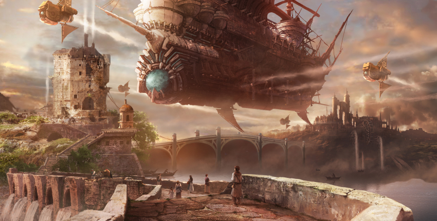 6+others aircraft airship boat bridge chimney cloud cloudy_sky concept_art fantasy highres iko_na multiple_others original scenery sky skyline steampunk stone_bridge stone_building water_wheel watercraft