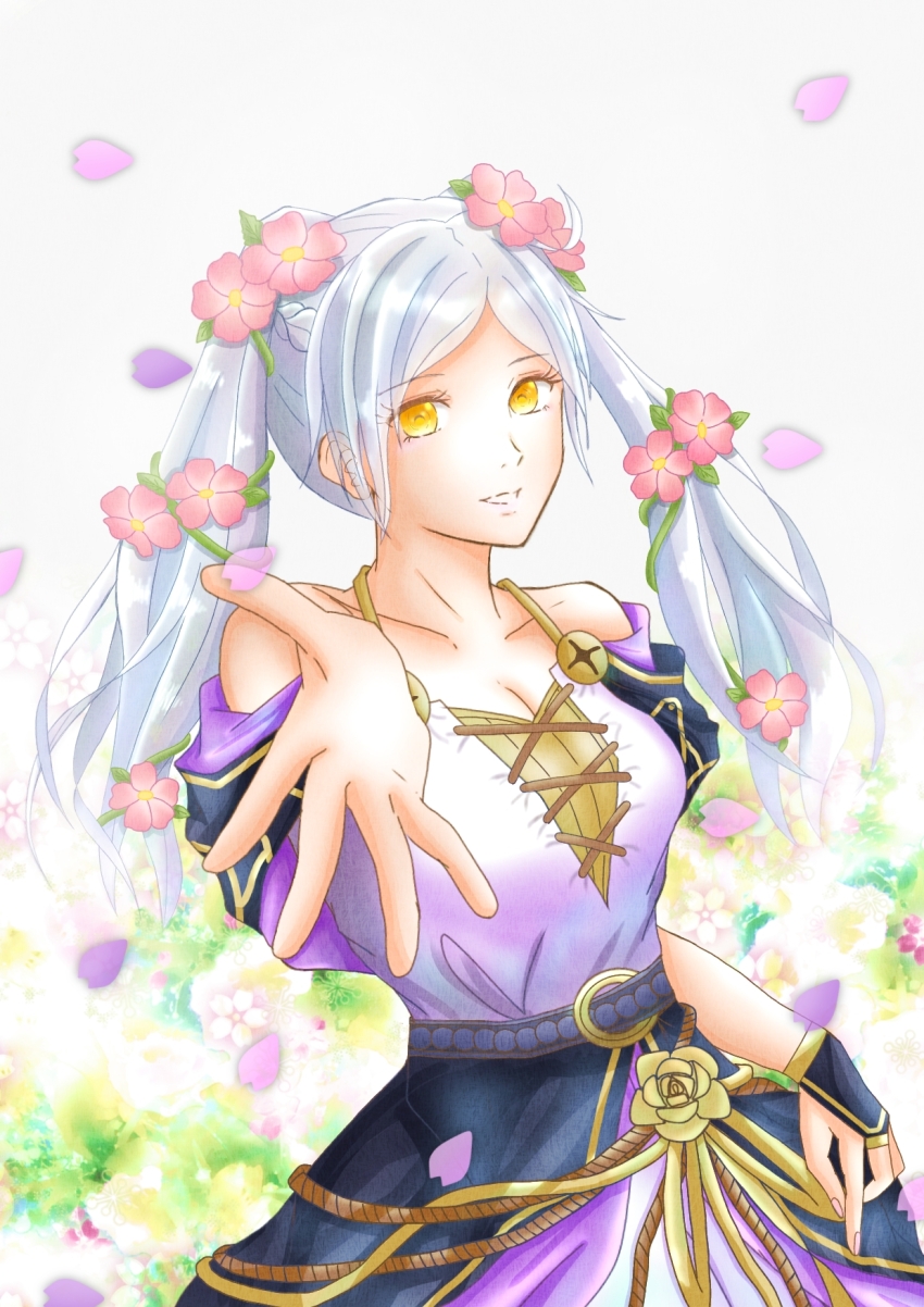 1girl arm_at_side bare_arms bare_shoulders bracelet breasts capelet cleavage collarbone dress eyelashes falling_petals female_focus female_robin_(fire_emblem) female_robin_(valentine)_(fire_emblem) field fingerless_gloves fingernails fire_emblem fire_emblem_awakening fire_emblem_heroes flower flower_bracelet flower_field gloves hair_flower hair_ornament halterneck happy highres intelligent_systems long_dress long_hair looking_at_viewer medium_breasts moverabbit0305 neck nintendo off_shoulder official_alternate_costume outstretched_hand parted_lips petals reaching reaching_towards_viewer rope_belt sidelocks sleeveless sleeveless_dress smile spaghetti_strap standing swept_bangs twintails upper_body white_hair yellow_eyes