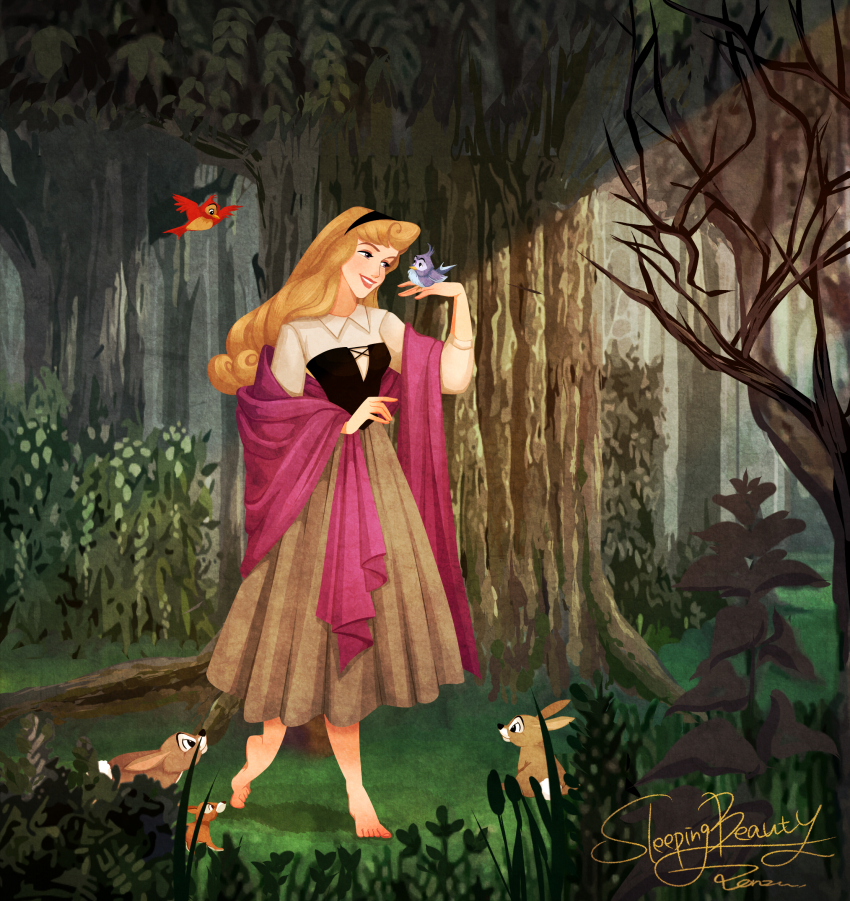 1girl aurora_(disney) bird blonde_hair dress forest full_body grass hairband highres long_hair long_sleeves looking_at_viewer makeup nature ponsu_(ponzuxponzu) rabbit red_lips sleeping_beauty_(disney) smile solo tree
