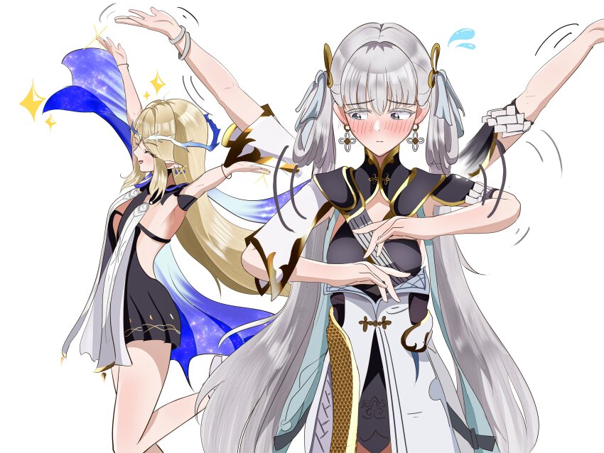 2girls absurdres arms_up black_collar black_dress blonde_hair blush bunchosan_dayo cartethyia_(wuthering_waves) closed_eyes coat collar colored_eyelashes commentary_request crown_of_thorns dress earrings embarrassed flying_sweatdrops highres jewelry jinhsi_(wuthering_waves) long_hair low_twintails multiple_girls pointy_ears simple_background smile twintails two_side_up very_long_hair white_background white_coat white_eyelashes white_eyes white_hair wuthering_waves
