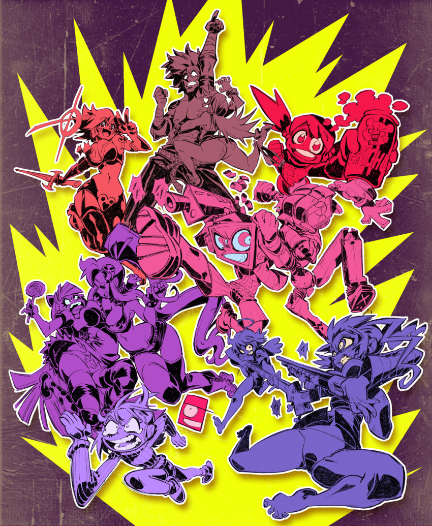 00s 10s 1boy 6+girls ass barefoot breast_press can candy canti character_request creator_connection cutie_honey cutie_honey_(character) dead_leaves ebichu ebichu_(character) electric_guitar flcl food gainax guitar gun haruhara_haruko heart highres instrument kamina_(ttgl) kamina_pose kisaragi_honey lollipop midriff multiple_girls multiple_monochrome navel pandy pandy_(dead_leaves) panties panties_around_leg panty_&amp;_stocking_with_garterbelt panty_(psg) pointing pointing_up rafchu re:_cutie_honey retro_(dead_leaves) running stocking_(psg) tengen_toppa_gurren_lagann thighhighs underwear v weapon yoko_littner