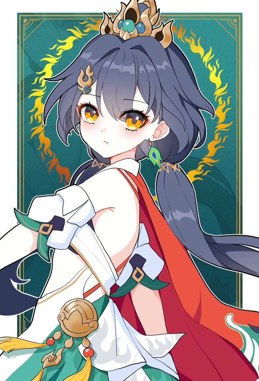 1girl absurdres armpits blue_hair breasts brown_eyes chinese_clothes closed_mouth earrings expressionless ff2074 from_side green_background hair_between_eyes hair_ornament highres honkai:_star_rail honkai_(series) jewelry long_hair looking_at_viewer small_breasts solo twintails upper_body very_long_hair yunli_(honkai:_star_rail)