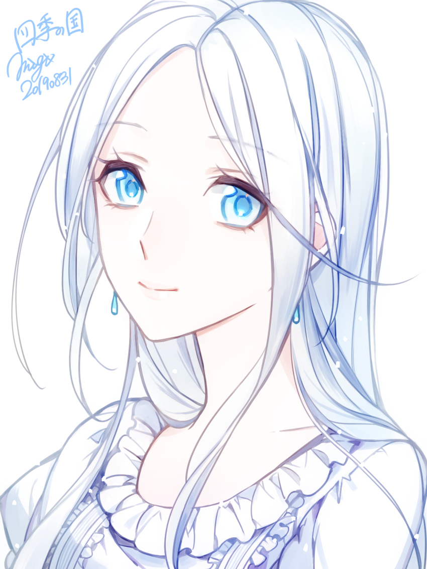 1girl blue_eyes closed_mouth commentary dated earrings eyelashes frills highres jewelry light_particles long_hair matsunaka_hiro original portrait shirt signature simple_background smile solo tareme white_background white_hair white_shirt