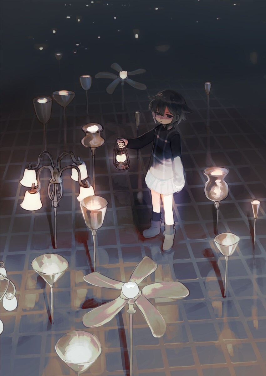 1girl black_eyes black_hair black_shirt ceiling_fan chandelier full_body highres holding holding_lantern lantern looking_at_viewer original plaid_clothes plaid_shirt shirt short_hair skirt solo standing surreal urotsuki xgshjsgha yume_2kki