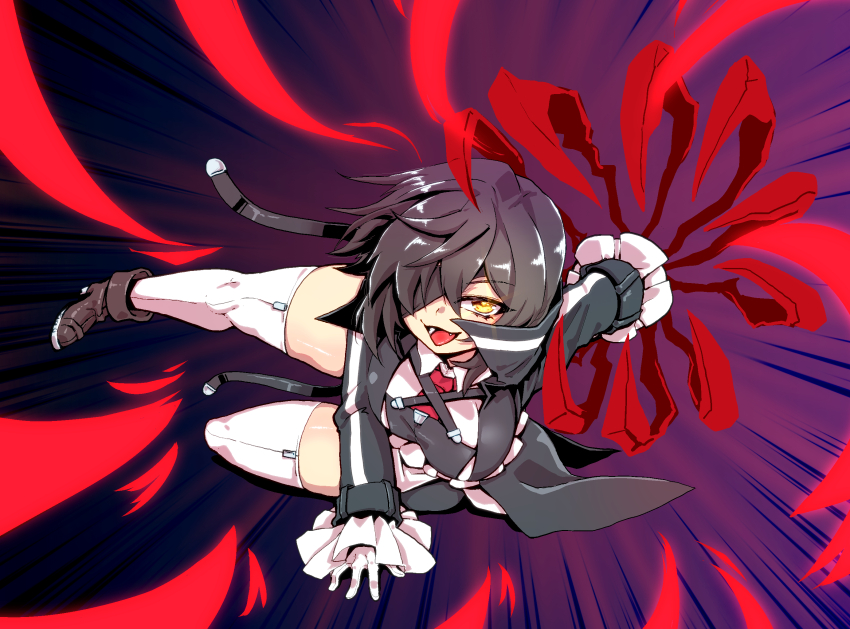 1girl black_hair boots breasts claws eyepatch fang high_heel_boots high_heels highres kure_kirika looking_at_viewer magical_girl mahou_shoujo_madoka_magica mahou_shoujo_oriko_magica mengnaidu orange_eyes short_hair solo