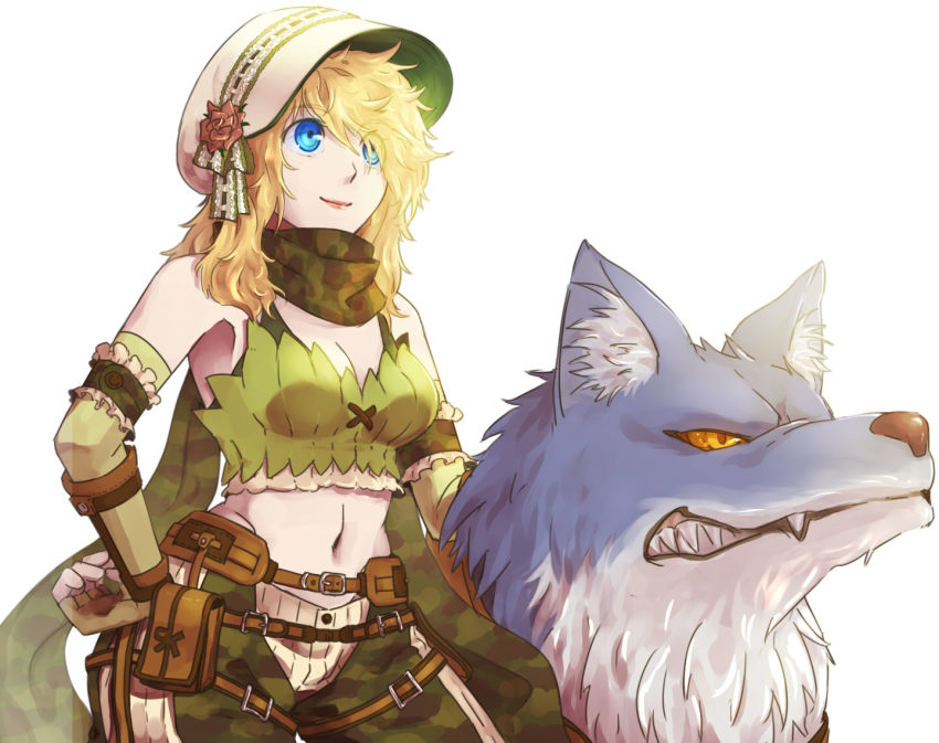 1girl armband belt blonde_hair blue_eyes bonnet breasts brown_belt camouflage camouflage_pants camouflage_scarf cleavage closed_mouth commentary_request cowboy_shot crop_top elbow_gloves eyes_visible_through_hair fingerless_gloves flower gloves green_gloves green_shirt hair_over_one_eye hand_on_own_hip hat hat_flower looking_to_the_side medium_breasts medium_hair midriff navel pants pink_flower pouch ragnarok_online ranger_(ragnarok_online) shirt simple_background solo standing susukinohukurou utility_belt white_background white_hat wolf