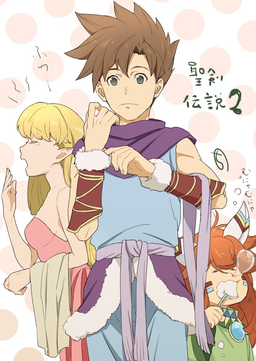 1boy 1girl 1other androgynous bare_shoulders blonde_hair breasts brown_hair closed_mouth highres kobayashi_chizuru long_hair looking_at_viewer open_mouth pointy_ears popoi_(seiken_densetsu_2) primm_(seiken_densetsu_2) randi_(seiken_densetsu_2) red_hair seiken_densetsu seiken_densetsu_2 spiked_hair