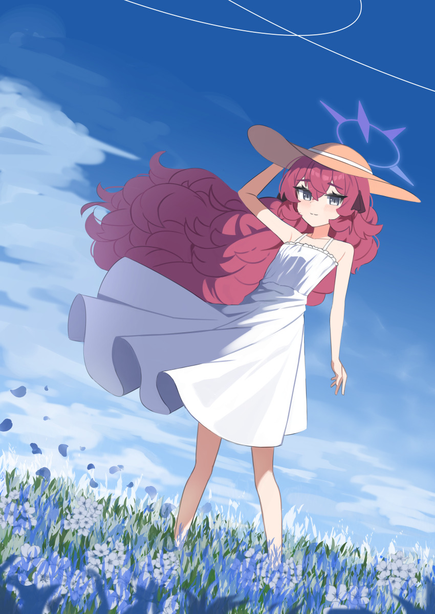 1girl absurdres alternate_costume anma21 bare_legs bare_shoulders blue_archive blue_sky cloud cloudy_sky dress dutch_angle field flower flower_field full_body grey_eyes halo hand_on_headwear hat highres iroha_(blue_archive) long_hair purple_halo red_hair sky solo sun_hat sundress wavy_hair white_dress