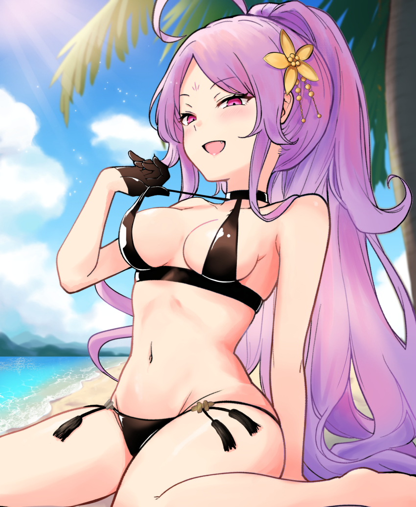 1girl ahoge beach bikini bikini_tug black_bikini breasts facial_mark fang fate/grand_order fate_(series) forehead_mark gloves half_gloves highres long_hair lulala615 medium_breasts navel ocean ponytail purple_eyes purple_hair swimsuit wu_zetian_(fate) wu_zetian_(swimsuit_caster)_(fate) wu_zetian_(swimsuit_caster)_(third_ascension)_(fate)