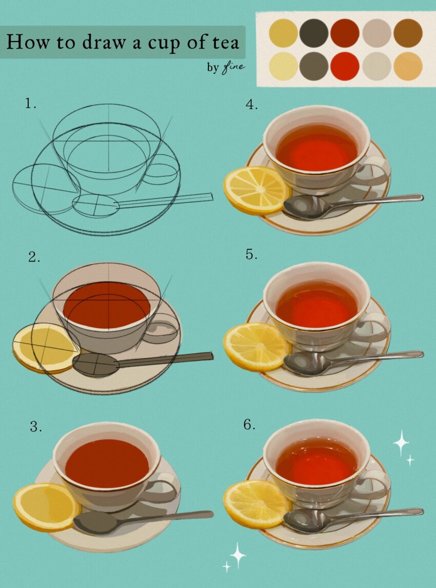 aqua_background artist_name color_guide commentary cup drink english_commentary english_text fine_9725 food fruit highres how_to lemon lemon_slice no_humans original saucer spoon tea teacup