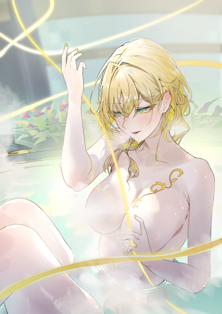 1girl absurdres aglaea_(honkai:_star_rail) bath bathing blonde_hair breast_tattoo breasts collarbone commentary_request completely_nude convenient_censoring green_eyes highres honkai:_star_rail honkai_(series) large_breasts leo795 nude parted_lips short_hair steam steam_censor tattoo thread wet yellow_nails