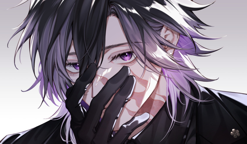1boy aegyo_sal black_gloves black_hair black_jacket black_shirt burn_scar collared_shirt commentary_request covered_mouth earrings facial_scar glint gloves gradient_hair hair_between_eyes hand_on_own_face jacket jewelry jikkyuu_mitsutada kanata_8828 looking_at_viewer male_focus medium_hair multicolored_hair open_clothes open_jacket purple_eyes scar scar_on_cheek scar_on_face scar_on_neck shirt simple_background solo touken_ranbu upper_body white_background white_hair wing_collar