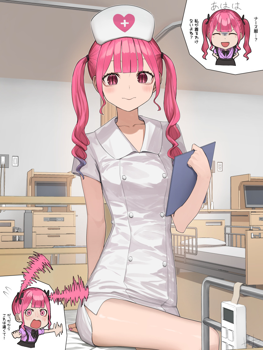 1girl absurdres black_skirt closed_mouth colored_tips commentary_request dress fang hat highres hinamizawa_hinami_(tetto) hospital indoors long_hair multicolored_hair nurse nurse_cap open_mouth original pink_hair purple_shirt shirt short_sleeves skin_fang skirt tetto_(onnoveltet) translation_request twintails white_dress