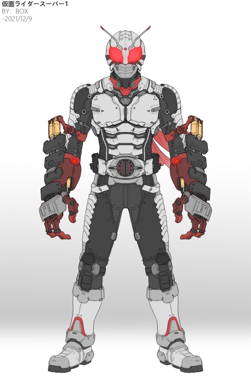 1boy antennae armor armored_boots black_bodysuit bodysuit boots chinese_commentary commentary_request full_body gauntlets glowing glowing_eyes grey_armor grey_boots highres kamen_rider kamen_rider_super-1 kamen_rider_super-1_(series) mask red_eyes rider_belt simple_background solo white_armor white_background wrist_chain xiangzi_box