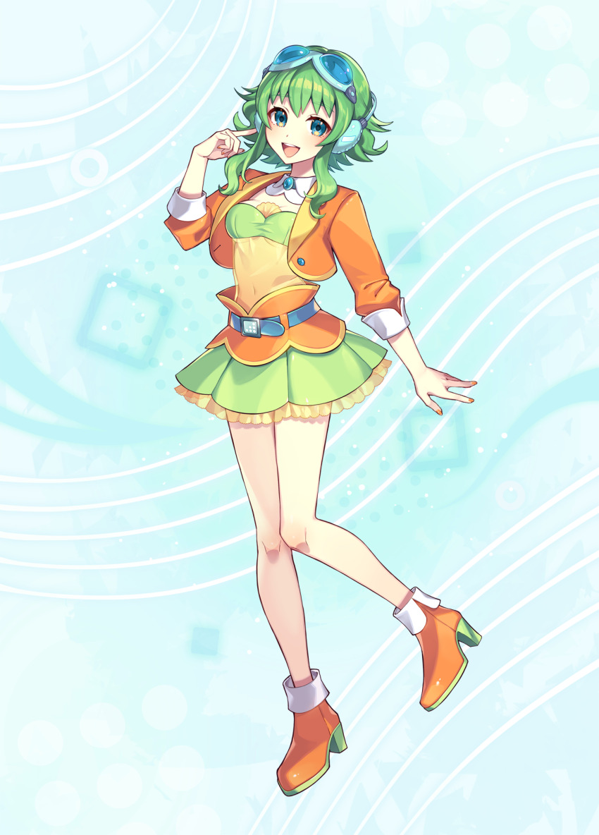 1girl arm_up bare_legs belt blue-tinted_eyewear blue_background boots brooch frilled_skirt frills full_body goggles goggles_on_head green_eyes green_hair green_skirt green_tube_top gumi gumi_(sv) hand_in_own_hair hand_up headphones high_heels highres jacket jewelry layered_skirt looking_at_viewer medium_hair nou_(nounknown) official_art open_clothes open_jacket open_mouth orange_boots orange_jacket orange_skirt pleated_skirt second-party_source shirt sidelocks skirt smile solo strapless synthesizer_v teeth tinted_eyewear tube_top upper_teeth_only variant_set vocaloid yellow_shirt