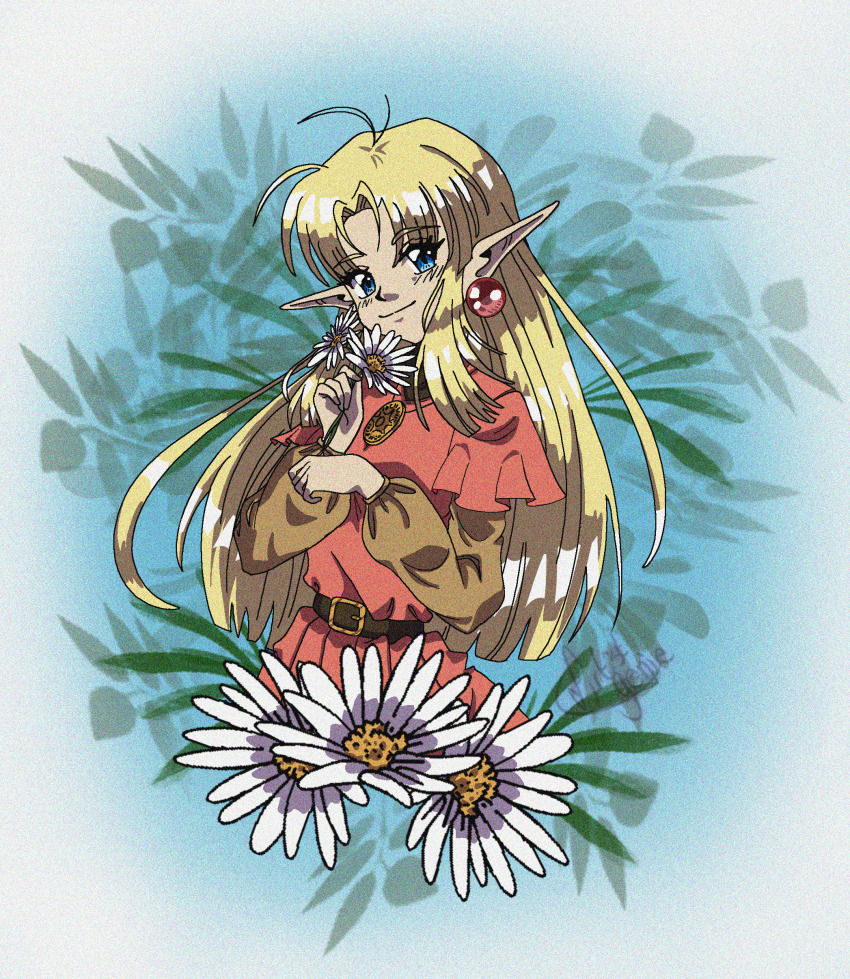 1990s_(style) 1girl absurdres ahoge belt blonde_hair blue_eyes brown_belt closed_mouth commission commissioner_upload deltaflareon dress earrings elf film_grain flat_chest flower highres holding holding_flower jewelry long_hair long_sleeves looking_at_viewer lotte_farona official_art orange_dress orange_shirt pointy_ears retro_artstyle shirt signature smile solo upper_body ways_of_darkness_(series) white_flower