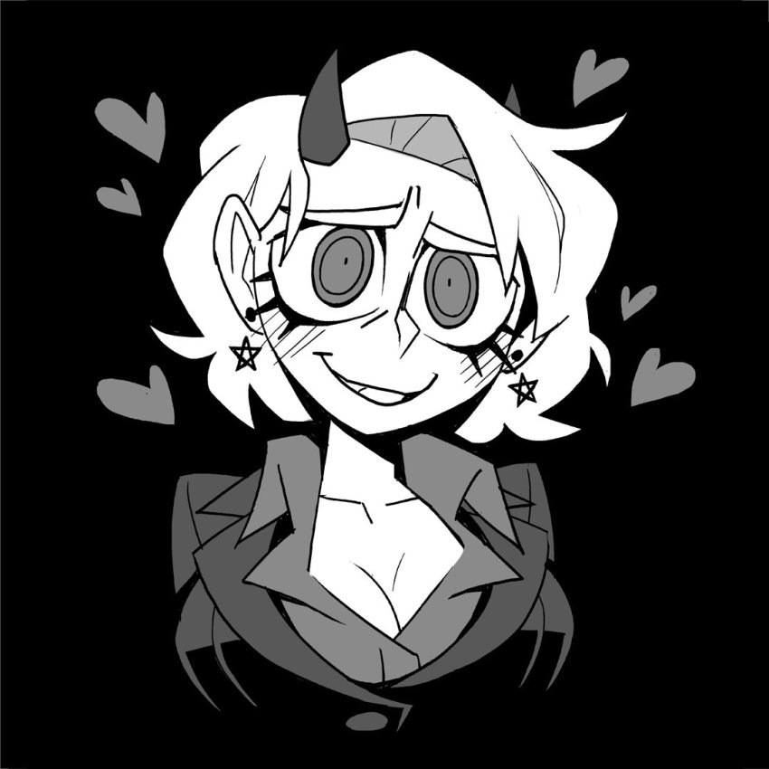 1girl black_background breasts cleavage collarbone commentary demon_girl demon_horns earrings eyelashes generic_(helltaker) greyscale heart helltaker horns jacket large_breasts looking_at_viewer monochrome parted_lips pentagram_earrings prototype_design shirt simple_background smile solo teeth vanripper