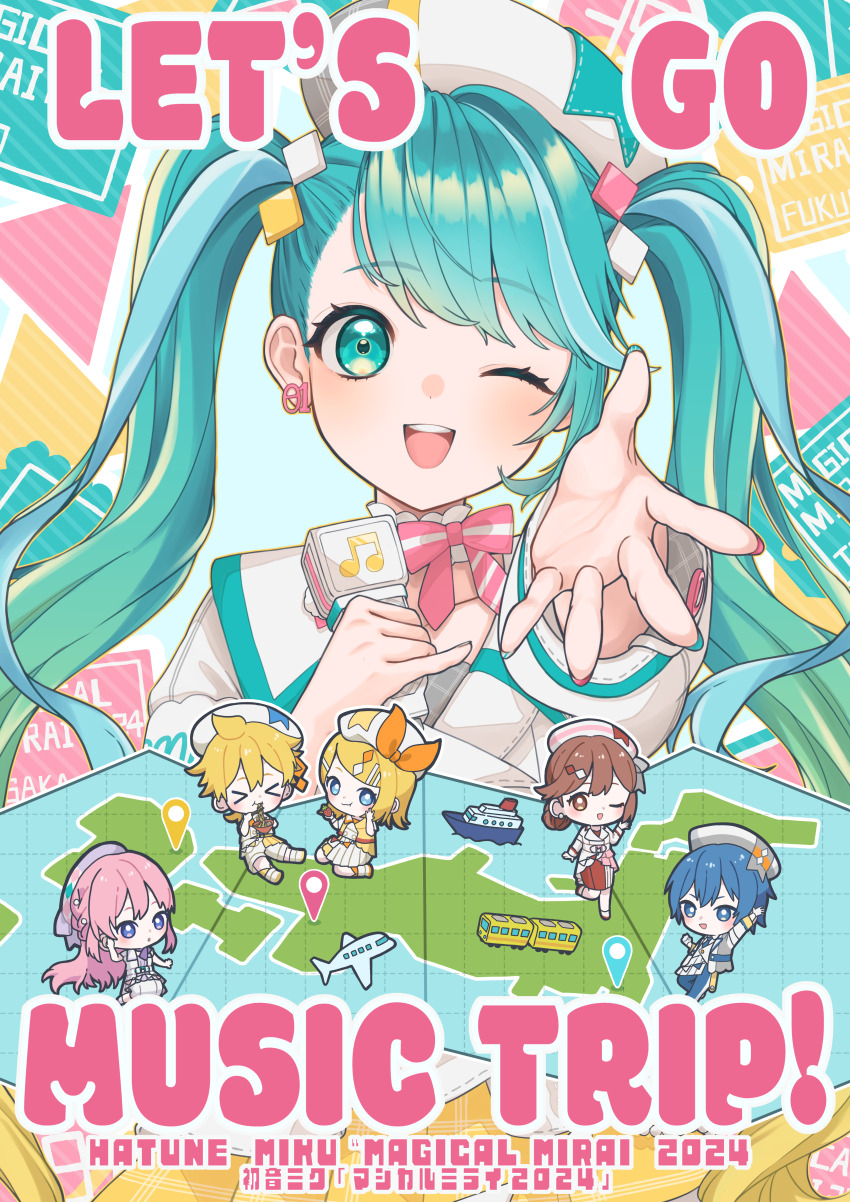&gt;_&lt; 2boys 4girls absurdres aircraft airplane aqua_eyes aqua_hair aqua_nails arm_up beret blonde_hair blue_eyes blue_hair blush bow brother_and_sister brown_eyes brown_hair collarbone cropped_jacket diamond_hair_ornament dress hat hatsune_miku highres holding holding_microphone jacket kagamine_len kagamine_rin kaito_(vocaloid) long_hair looking_at_viewer magical_mirai_(vocaloid) magical_mirai_kaito magical_mirai_kaito_(2024) magical_mirai_len magical_mirai_len_(2024) magical_mirai_luka magical_mirai_luka_(2024) magical_mirai_meiko magical_mirai_meiko_(2024) magical_mirai_miku magical_mirai_miku_(2024) magical_mirai_rin magical_mirai_rin_(2024) megurine_luka meiko_(vocaloid) microphone multicolored_hair multiple_boys multiple_girls number_earrings omeshicha_0704 one_eye_closed pink_bow pink_hair pink_nails pleated_skirt purple_eyes reaching reaching_towards_viewer red_skirt siblings skirt smile train twintails very_long_hair vocaloid white_dress white_hat white_jacket white_skirt