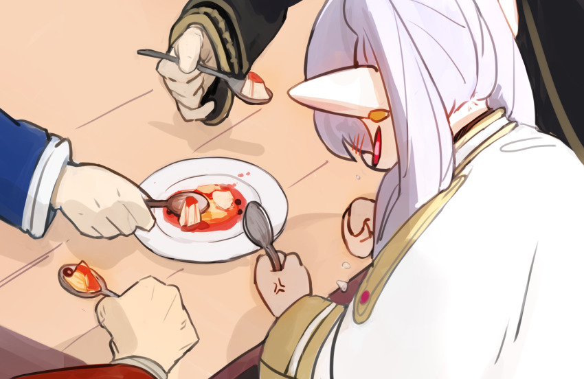 1girl 3boys anger_vein capelet commentary_request earrings eisen_(sousou_no_frieren) elf food frieren grey_hair heiter higemu highres himmel_(sousou_no_frieren) holding holding_spoon jewelry long_hair multiple_boys plate pointy_ears pudding sousou_no_frieren spoon table twintails white_capelet