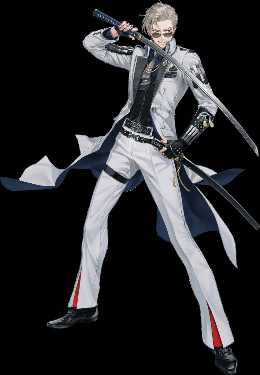 1boy armor belt black_gloves blonde_hair collared_shirt earrings fingerless_gloves full_body gloves grin highres jacket japanese_armor jewelry katana kote male_focus necktie official_art pants red_eyes sanchoumou sheath shirt smile stud_earrings suda_ayaka sunglasses sword touken_ranbu transparent_background weapon white_pants