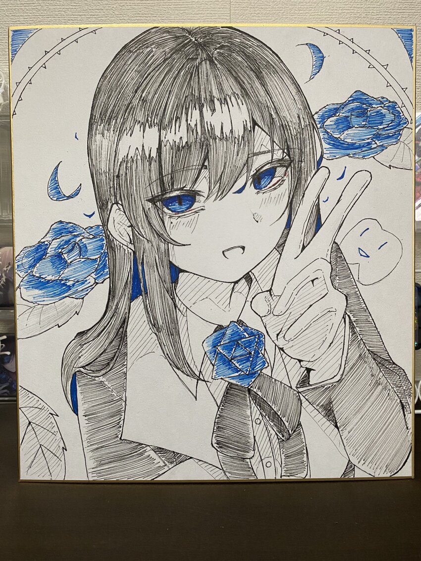 1girl ado_(utaite) blue_flower blue_rose bow bowtie chando_(ado) colored_inner_hair commentary flower gloves ha-chan_(ado) highres long_hair megu_(9abgoluanvcjd7o) multicolored_hair open_mouth partially_colored rose shikishi solo upper_body utaite v