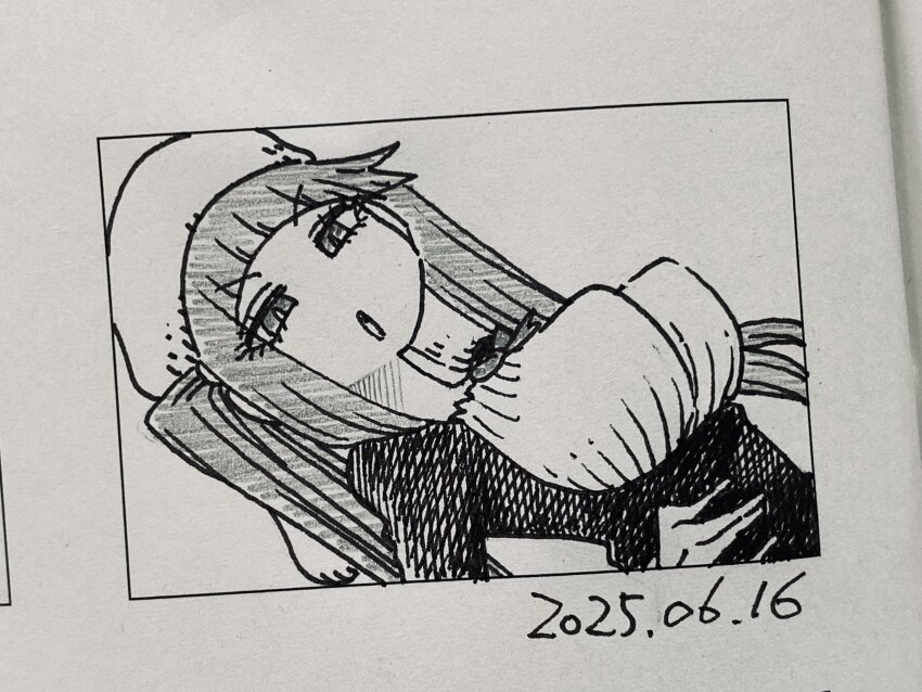 1girl 2025 :o black_dress bleach blush breasts chibi dated dokugamine_riruka dress dutch_angle fingernails hand_on_own_hip hanya_(hanya_yashiki) hat large_breasts long_hair looking_at_viewer monochrome nail_polish photo_(medium) simple_background solo stretching traditional_media tsundere twintails very_long_hair white_background