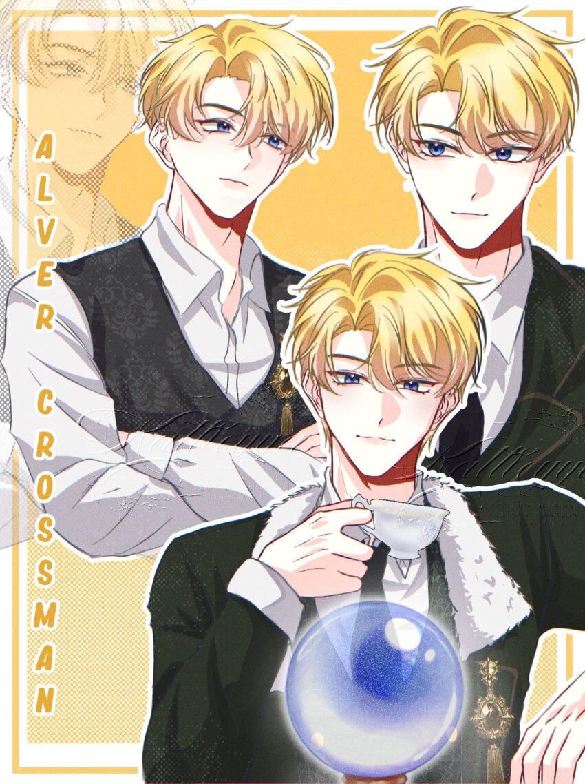 1boy alberu_crossman black_necktie black_vest blonde_hair blue_eyes character_name closed_mouth collared_shirt crossed_arms cup green_jacket highres holding holding_cup jacket kattleyya long_sleeves looking_at_viewer lout_of_count&#039;s_family male_focus mole multiple_views necktie outline parted_bangs shirt short_hair smile teacup upper_body vest virtual_youtuber white_outline white_shirt yellow_background zoom_layer