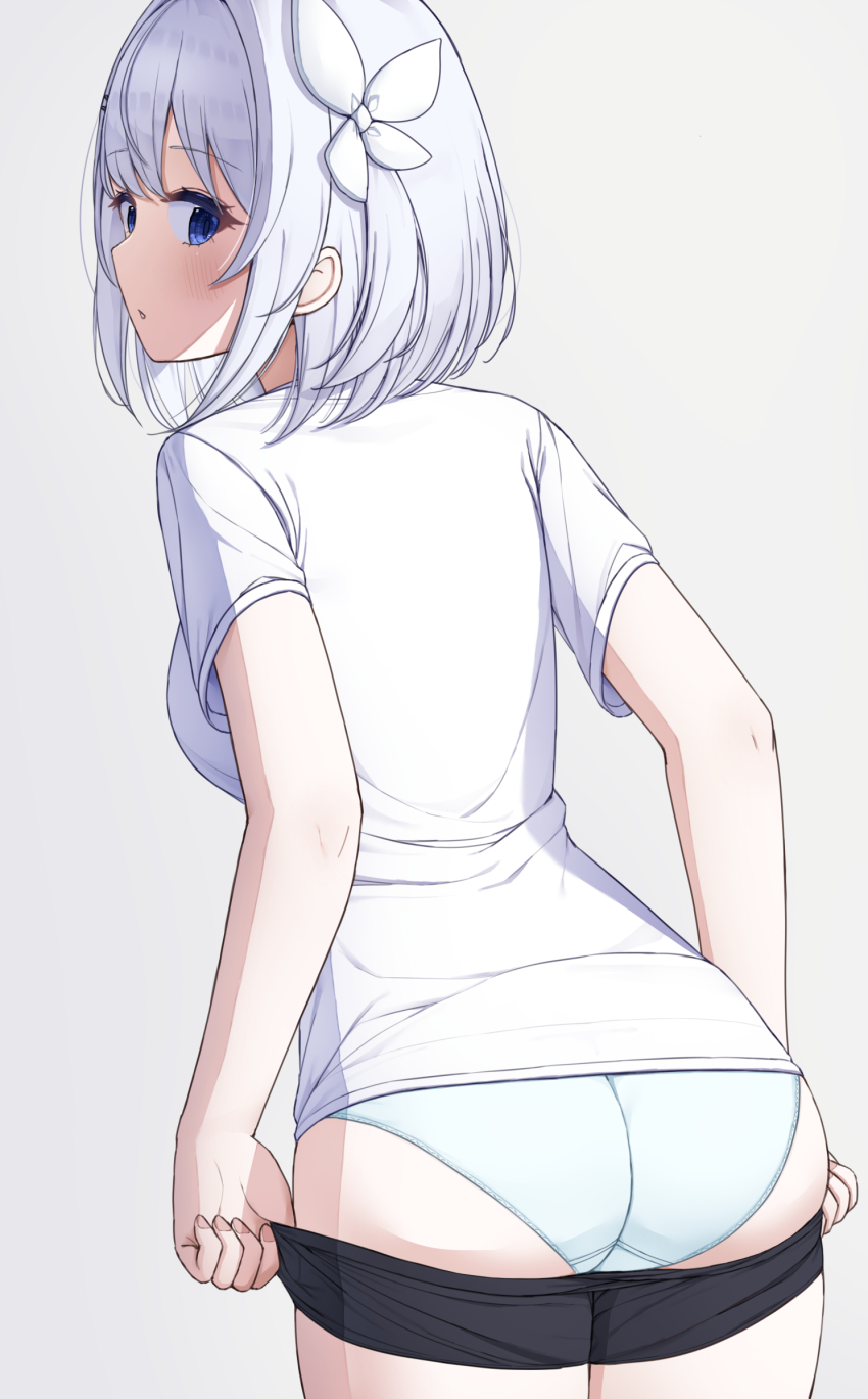 1girl absurdres ass black_shorts blue_eyes blue_panties breasts dressing from_behind highres hikikomari_kyuuketsuki_no_monmon looking_back panties parted_lips sakuna_memoire shirt short_sleeves shorts simple_background solo underwear user_tyad4272 white_background white_hair white_shirt