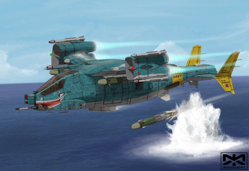 1other absurdres aircraft bomb cloud explosion explosive highres military military_vehicle missile ocean original sky solo vehicle_focus vehicle_request warlordjohn_art weapon