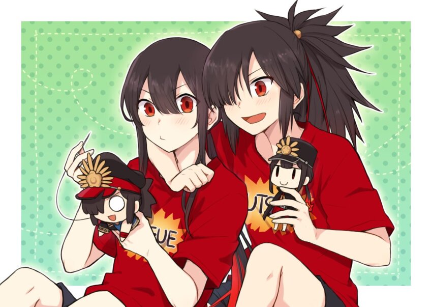 2boys :d arm_around_neck black_cape black_hat black_shorts blank_eyes blunt_bangs blush brothers brown_hair buster_shirt cape casual center-flap_bangs character_doll clenched_hand closed_mouth crest doll dotted_line family_crest fate/grand_order fate_(series) green_background hair_over_one_eye hair_ribbon hair_tie hat heads_together holding_sewing_needle inset_border keikenchi_(style) kepi knees_up leaning_on_person long_hair looking_at_another looking_at_object male_focus military_hat multiple_boys oda_kippoushi_(fate) oda_nobukatsu_(fate) oda_nobunaga_(fate) oda_uri one_eye_covered open_mouth outline outside_border peaked_cap polka_dot polka_dot_background ponytail red_eyes red_ribbon ribbon sewing shirt shorts siblings sidelocks sitting smile t-shirt teramoto_kei v-shaped_eyebrows white_outline
