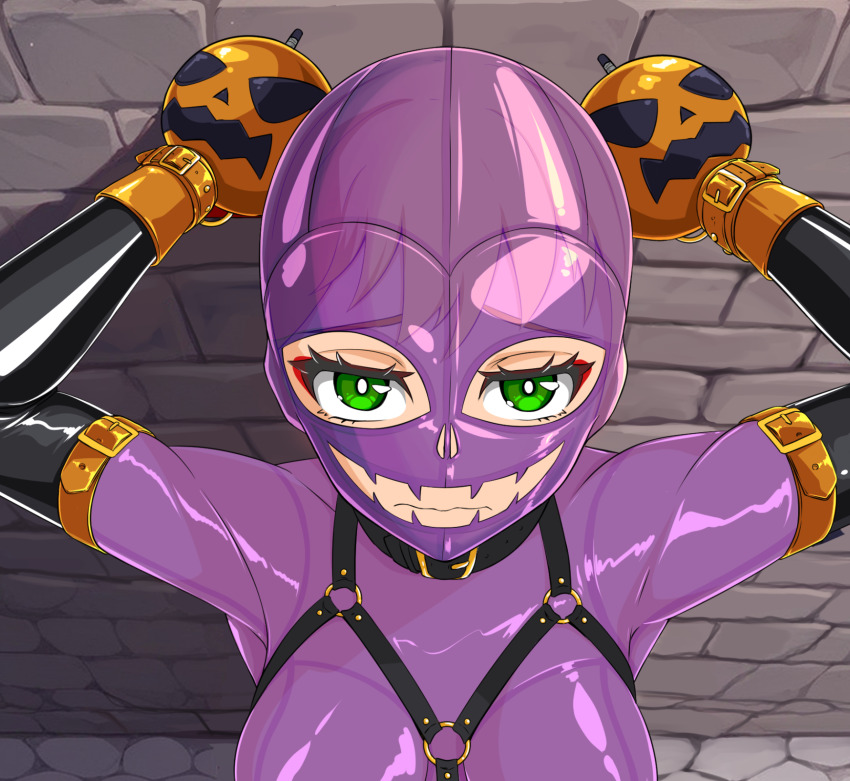 1girl blonde_hair bodysuit bondage_mittens elbow_gloves gimp_mask gloves green_eyes halloween harness highres jack-o&#039;-lantern_print latex latex_bodysuit looking_at_viewer mask original purple_bodysuit see-through_clothes skin_tight solo tamakko variant_set wavy_mouth