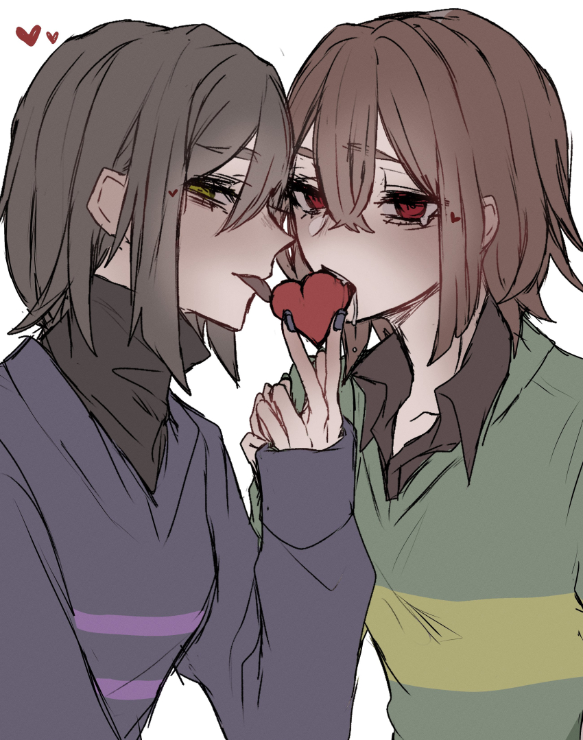 2others absurdres animification black_hair black_shirt brown_hair chara_(undertale) collared_shirt commentary_request drooling fang fingernails frisk_(undertale) green_sweater hair_between_eyes hand_up heart highres holding long_sleeves looking_at_viewer mo_11220088 multiple_others nail_polish open_mouth other_focus other_with_other puffy_long_sleeves puffy_sleeves purple_nails purple_sweater red_eyes shirt short_hair simple_background single_stripe smile striped_clothes striped_sweater sweater teeth tongue tongue_out turtleneck turtleneck_sweater undertale upper_body white_background yellow_eyes