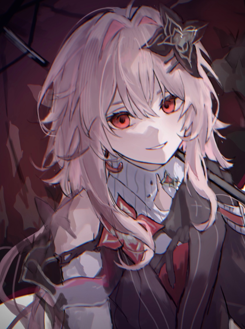 1girl black_dress black_flower clothing_cutout dress earrings empty_eyes evernight_(honkai:_star_rail) flower flower_ornament hair_between_eyes hair_flower hair_ornament hairclip highres holding holding_umbrella honkai:_star_rail honkai_(series) jewelry lapels long_hair looking_at_viewer low_twintails march_7th_(honkai:_star_rail) nayuta_(8888_mugen) official_alternate_costume official_alternate_hairstyle pink_hair red_eyes red_flower shoulder_cutout sidelocks single_bare_shoulder single_earring smile solo teeth twintails two-tone_dress umbrella upper_body white_dress