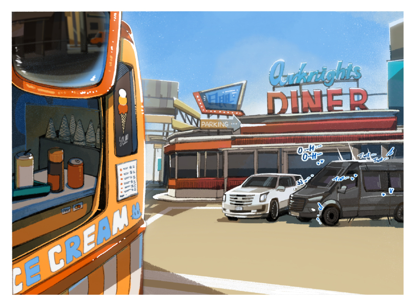 arknights blue_sky commentary_request copyright_name english_text food_truck highres implied_sex mixed-language_commentary motor_vehicle paid_reward_available sky sound_effects van yrac