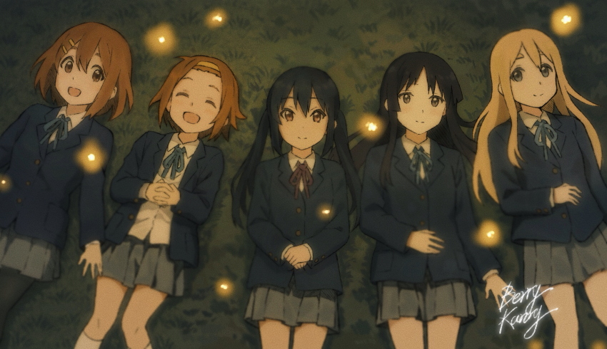 5girls :d akiyama_mio artist_name berrykanry black_eyes black_hair blazer blonde_hair blue_eyes blue_jacket blue_ribbon brown_eyes brown_hair bug closed_eyes closed_mouth collared_shirt firefly forehead grass grey_skirt hair_ornament hairband hairclip hand_on_own_stomach highres hirasawa_yui ho-kago_tea_time insect jacket k-on! kotobuki_tsumugi legs long_hair lying multiple_girls nakano_azusa neck_ribbon night on_back on_grass open_mouth pleated_skirt red_ribbon ribbon sakuragaoka_high_school_uniform school_uniform shirt short_hair skirt smile tainaka_ritsu tongue twintails watermark white_shirt winter_uniform yellow_hairband