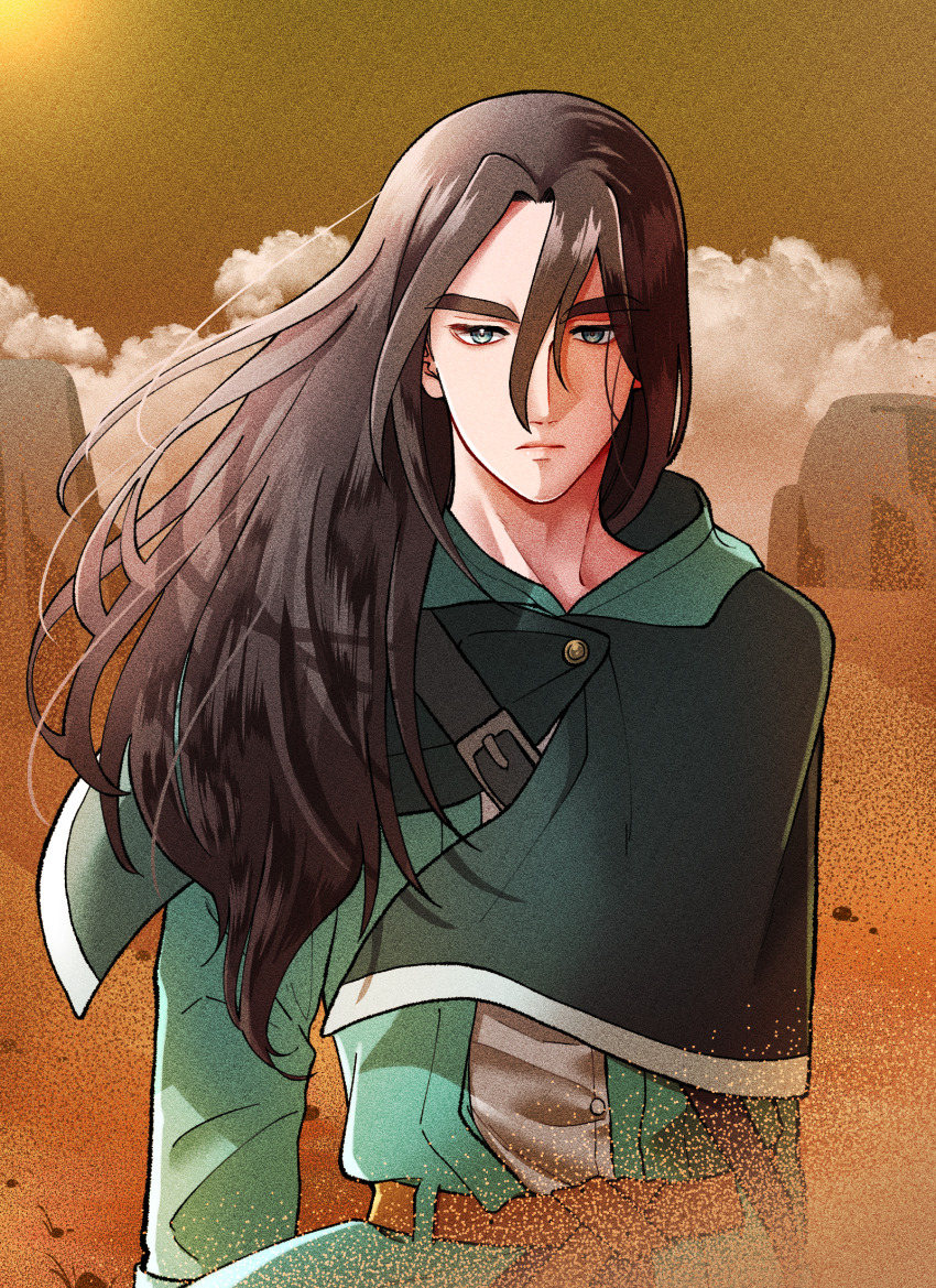 1boy brown_hair capelet cloud commentary_request expressionless fang_(my_time_at_sandrock) green_capelet green_eyes green_tunic hair_between_eyes highres long_hair male_focus mugicha_(zoro1132) my_time_at_portia my_time_at_sandrock plateau sandstorm solo thick_eyebrows tunic upper_body