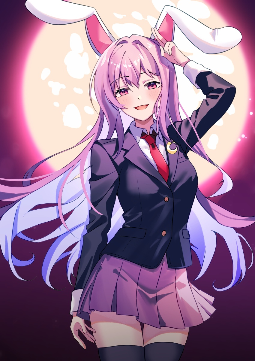 1girl :d absurdres animal_ears arm_up black_jacket black_thighhighs blazer collared_shirt cowboy_shot crescent crescent_pin full_moon highres jacket long_hair long_sleeves looking_at_viewer modyce moon necktie open_mouth pink_hair pink_skirt pleated_skirt rabbit_ears rabbit_girl red_necktie reisen_udongein_inaba shirt skirt smile solo thighhighs touhou very_long_hair white_shirt zettai_ryouiki