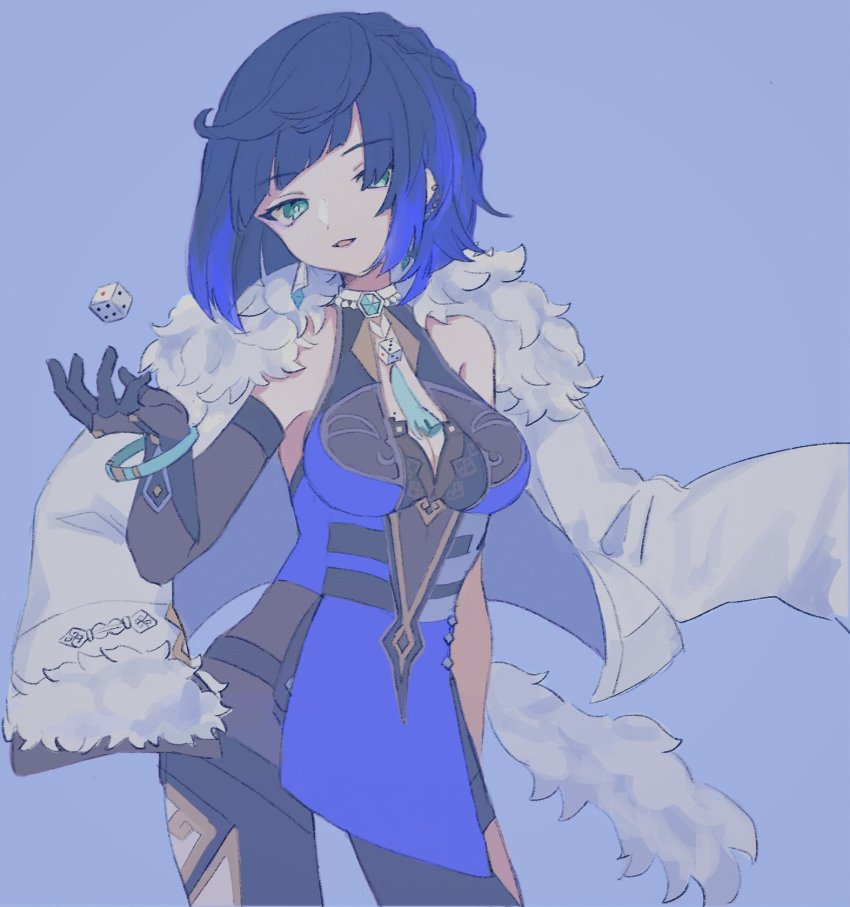 1girl black_bodysuit black_gloves black_hair blue_background blue_dress blue_hair bodysuit breasts cleavage dice dress fur_trim genshin_impact gloves green_eyes halterneck highres jacket jacket_on_shoulders medium_breasts multicolored_hair open_hand parted_lips sakana_(saka_14_) short_hair smile solo streaked_hair white_jacket yelan_(genshin_impact)