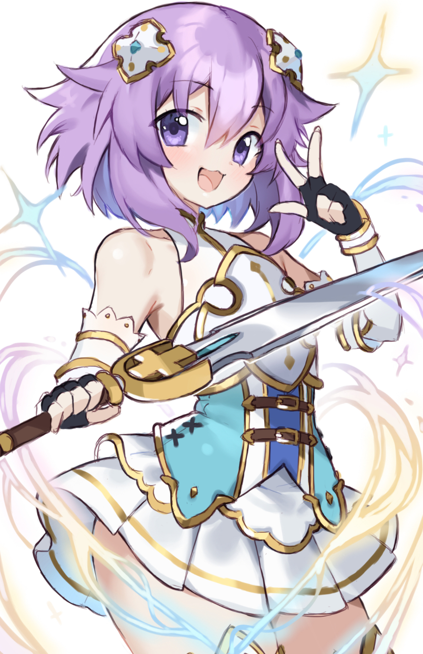 1girl armor bare_shoulders commentary d-pad d-pad_hair_ornament fingerless_gloves four_goddesses_online:_cyber_dimension_neptune gloves hair_ornament highres holding holding_sword holding_weapon neptune_(neptunia) neptune_(series) open_mouth paladin purple_eyes purple_hair short_hair simple_background suuuuica sword v weapon white_background