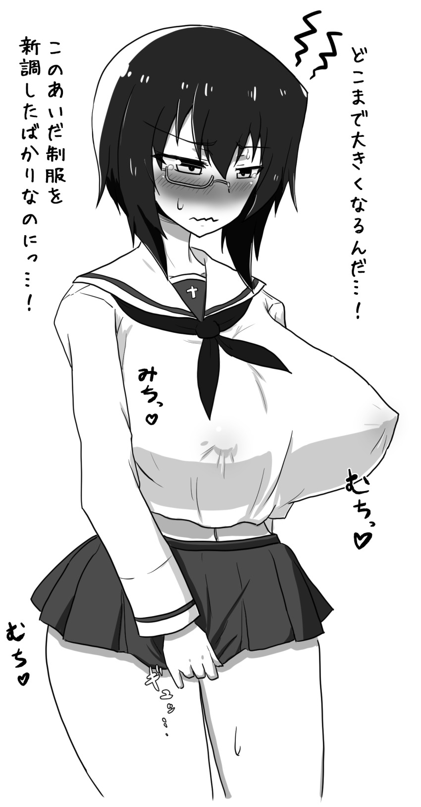 1girl absurdres blush breasts covered_erect_nipples cube_(huidama) girls_und_panzer highres huge_breasts kawashima_momo midriff monochrome monocle ooarai_school_uniform short_hair solo translation_request