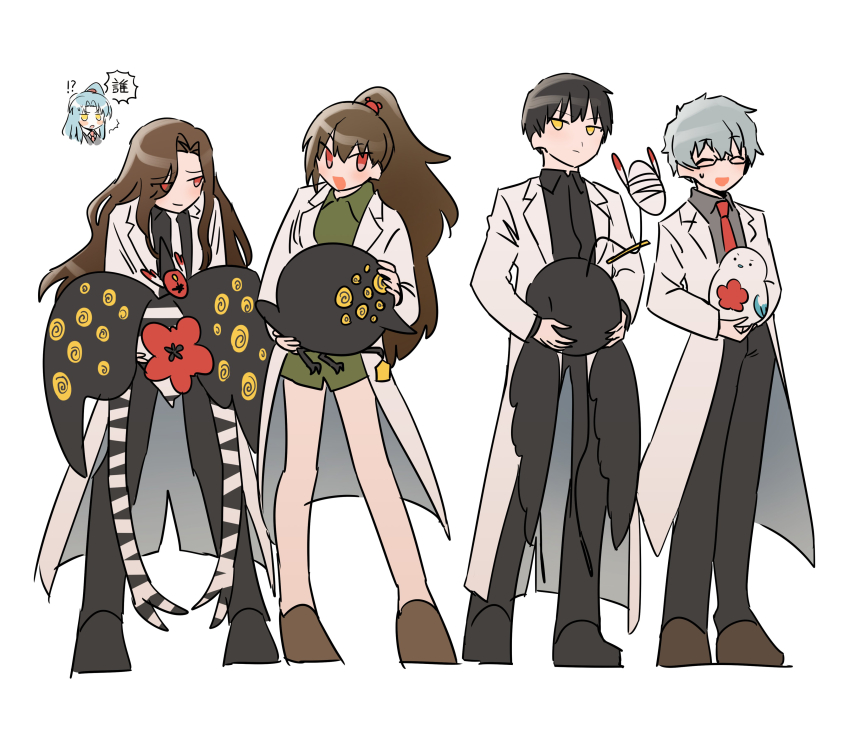 2boys 3girls absurdres angela_(project_moon) animal apocalypse_bird ayin_(project_moon) benjamin_(project_moon) big_bird_(project_moon) bird black_shirt brown_hair carmen_(project_moon) closed_mouth coat collared_shirt dias_(the_distortion_detective) full_body grey_hair grey_shirt high_ponytail highres holding holding_animal holding_bird judgement_bird lab_coat lobotomy_corporation long_hair long_sleeves mogura_panda multiple_boys multiple_girls necktie parted_bangs ponytail project_moon punishing_bird red_eyes red_necktie shirt smile the_distortion_detective translated very_long_hair white_coat wing_collar