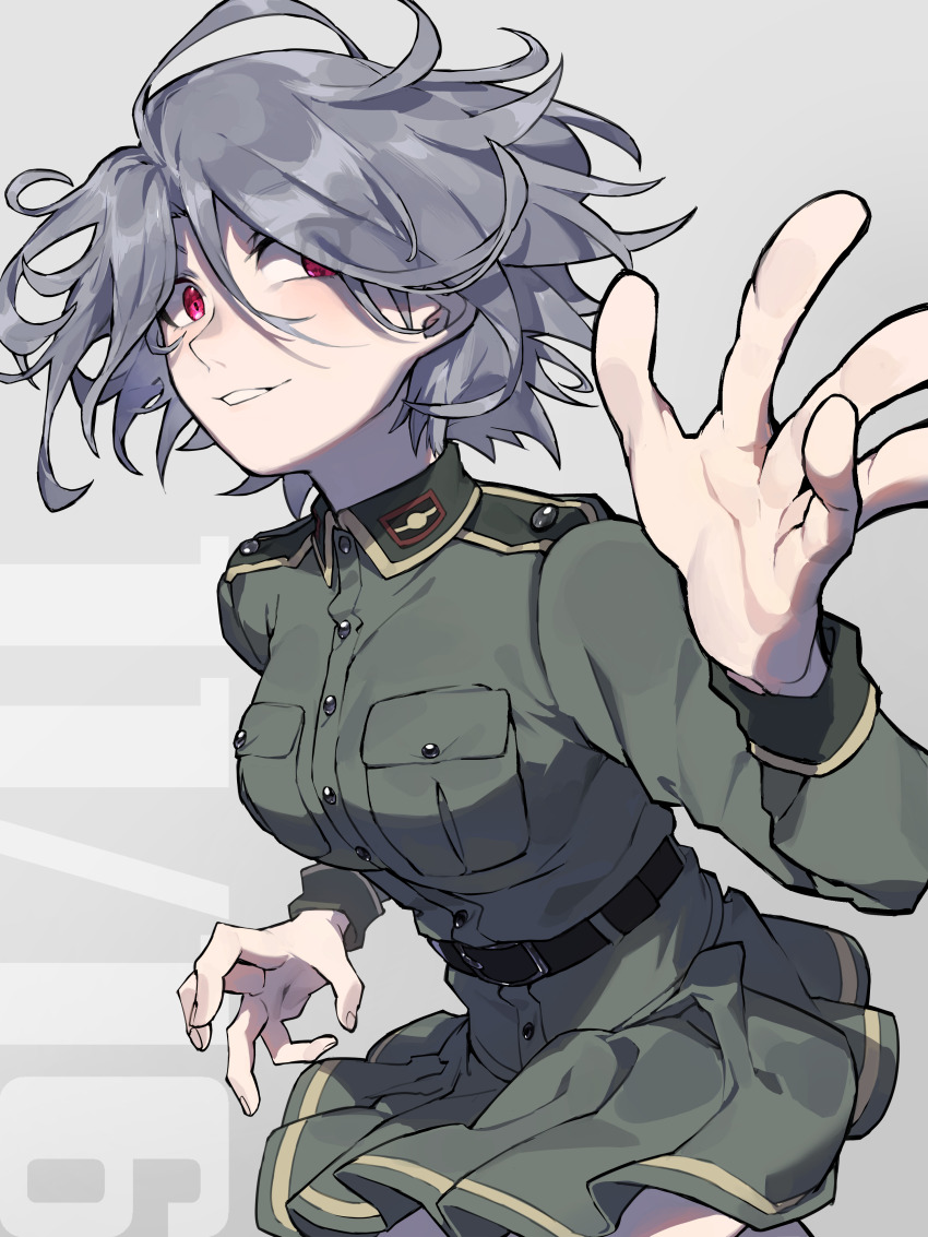 1girl absurdres belt black_belt blush breasts claw_pose collared_dress cowboy_shot dress green_dress grey_hair hair_between_eyes highres isabella_(love_live!) large_breasts looking_to_the_side love_live! love_live!_school_idol_festival medium_hair military_uniform open_hand perspective pink_eyes pleated_dress shoulder_boards smile solo tori_(game28)