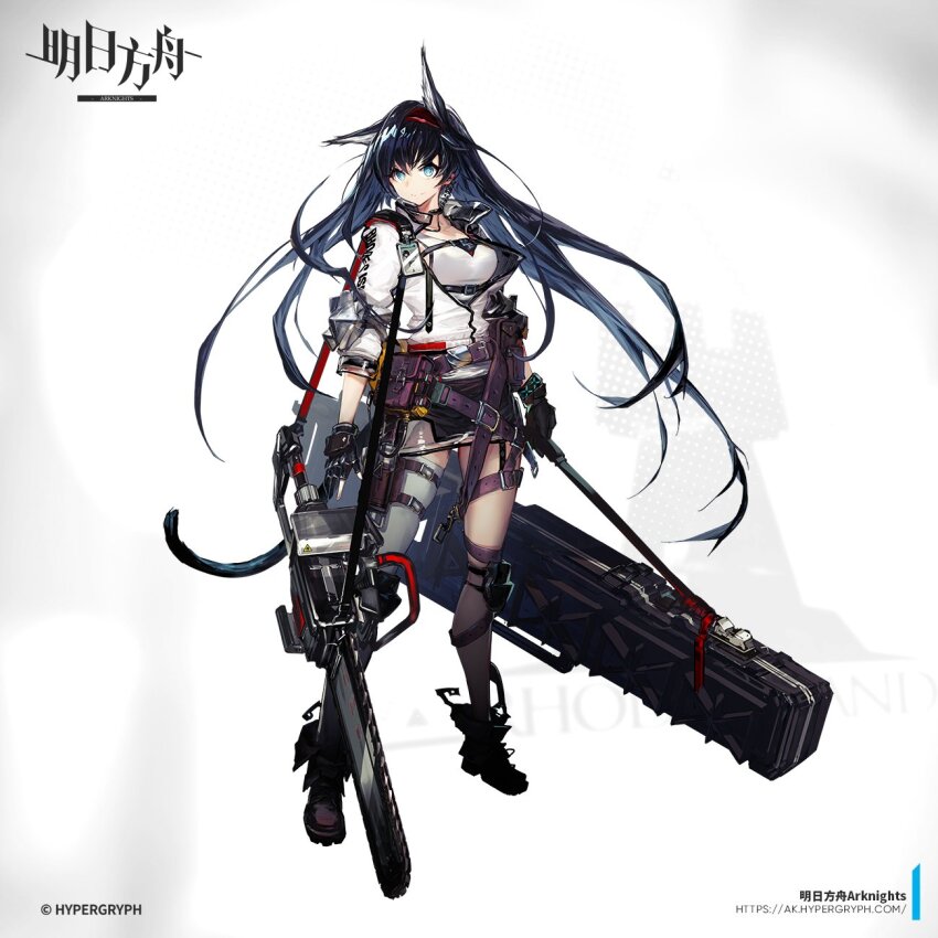 1girl animal_ear_fluff animal_ears arknights asymmetrical_legwear belt black_boots black_gloves black_hair black_skirt blaze_(arknights) blue_eyes boots breasts buckle cat_ears cat_girl cat_tail chainsaw chest_belt chest_harness chinese_commentary commentary copyright_logo copyright_notice elbow_pads english_commentary extra_ears fingerless_gloves floating_hair framed_breasts full_body gloves grey_thighhighs hairband hand_guard harness headset highres holding jacket knee_pads kneehighs large_breasts light_smile long_hair looking_at_viewer mixed-language_commentary multilingual_commentary name_tag official_art open_clothes open_jacket popped_collar pouch purple_thighhighs red_hairband rhodes_island_logo_(arknights) shoulder_strap sidelocks single_kneehigh single_sock single_thighhigh skirt socks solo tachi-e tail tank_top thigh_strap thighhighs underbust uneven_legwear very_long_hair watermark weapon_case web_address white_jacket white_tank_top wristband yui_(niikyouzou)