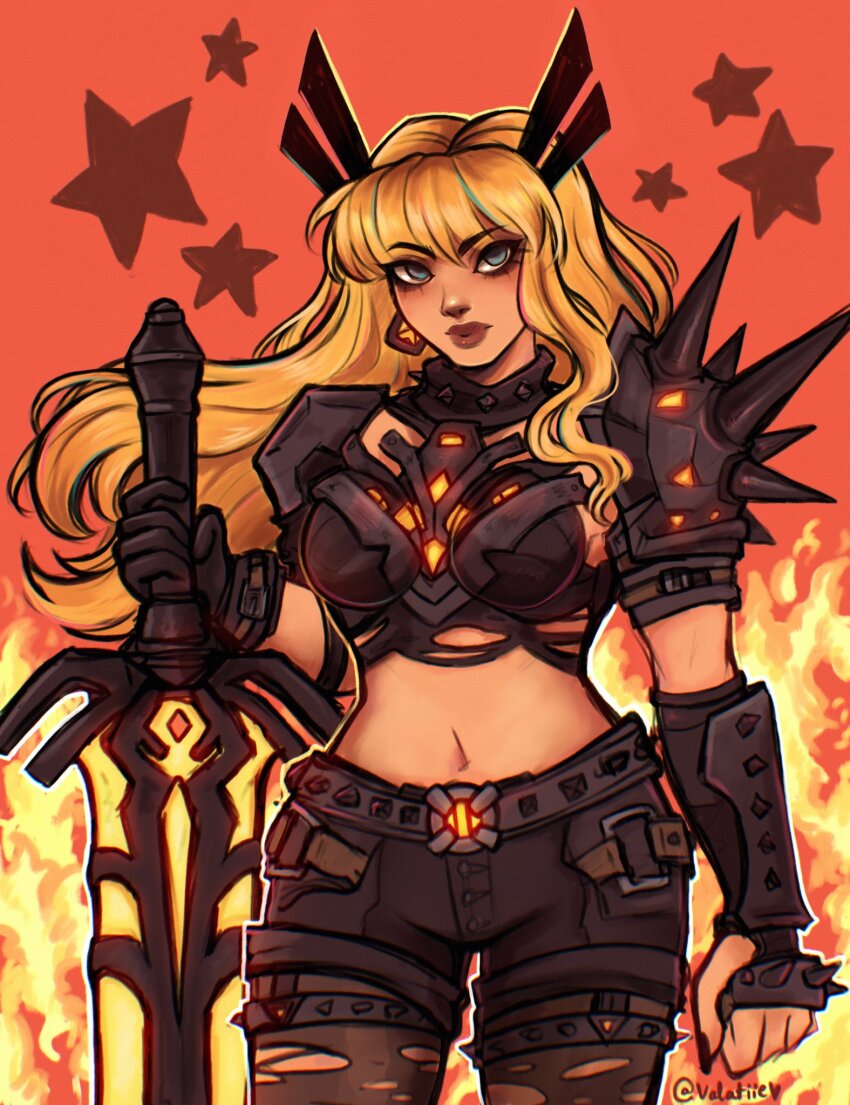 1girl armor asymmetrical_gloves black_gloves black_pantyhose black_shorts blonde_hair blue_eyes clenched_hand earrings fingerless_gloves fire gloves highres holding holding_sword holding_weapon jewelry long_hair looking_at_viewer magik_(x-men) marvel marvel_rivals midriff mismatched_gloves navel pantyhose pauldrons red_background short_shorts shorts shoulder_armor single_pauldron solo spiked_knuckles spiked_pauldrons star_(symbol) sword torn_clothes torn_pantyhose valatiie weapon x-men
