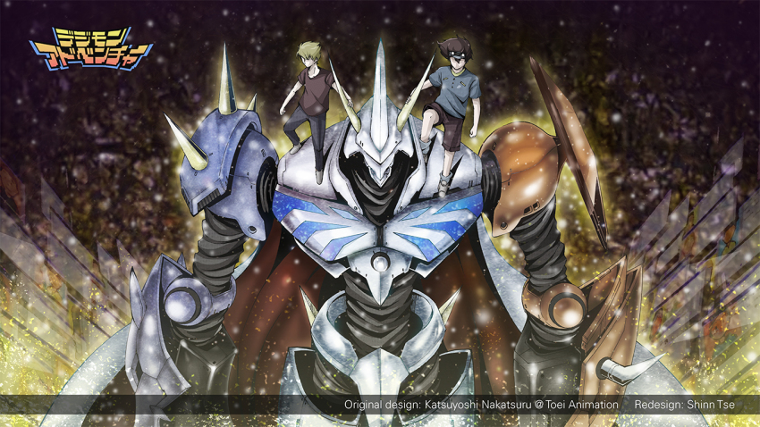 blonde_hair brown_hair cape digimon digimon_(creature) digimon_adventure digimon_adventure:_bokura_no_war_game fusion horns ishida_yamato omegamon yagami_hikari