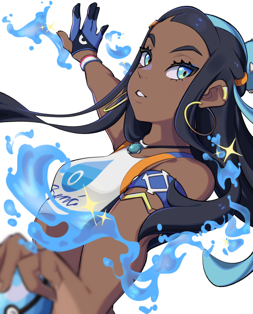 1girl aqua_eyes armlet black_hair blue_eyeshadow commentary_request dive_ball dynamax_band earclip earrings eyelashes eyeshadow gloves hair_bun highres hikikomoriamy holding holding_poke_ball hoop_earrings jewelry looking_to_the_side makeup multicolored_hair nessa_(pokemon) nintendo partially_fingerless_gloves poke_ball pokemon pokemon_swsh single_glove solo sparkle sports_bra teeth two-tone_hair upper_body water water_drop white_background